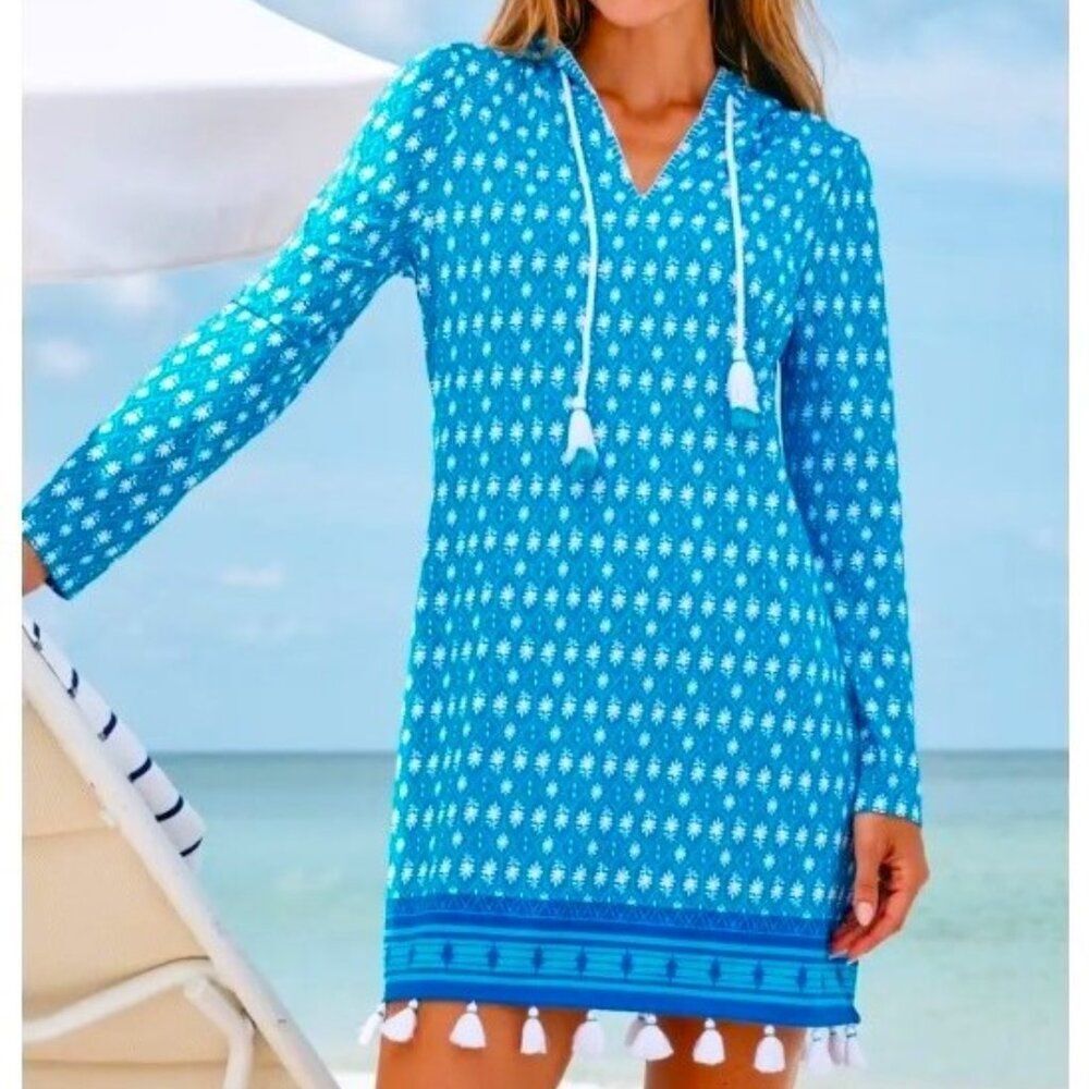 CABANA LIFE Palm Valley Hooded Cover Up Dress Size Small (4-6) UPF 50 $130 Blue